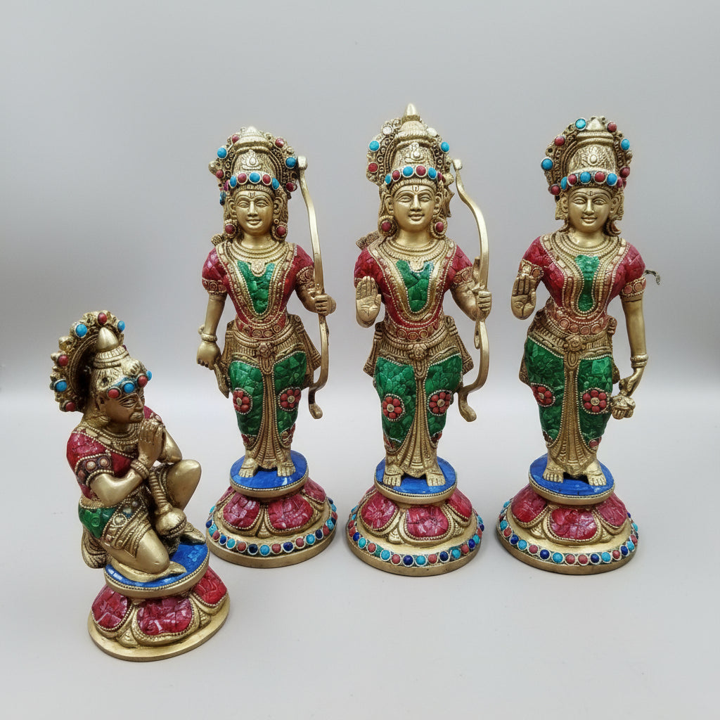 Brass ram darbar with Colorful Stone Work Statue/showpiece/Home décor/Temple Idol - ram, laxman, sita and Hanuman, Golden